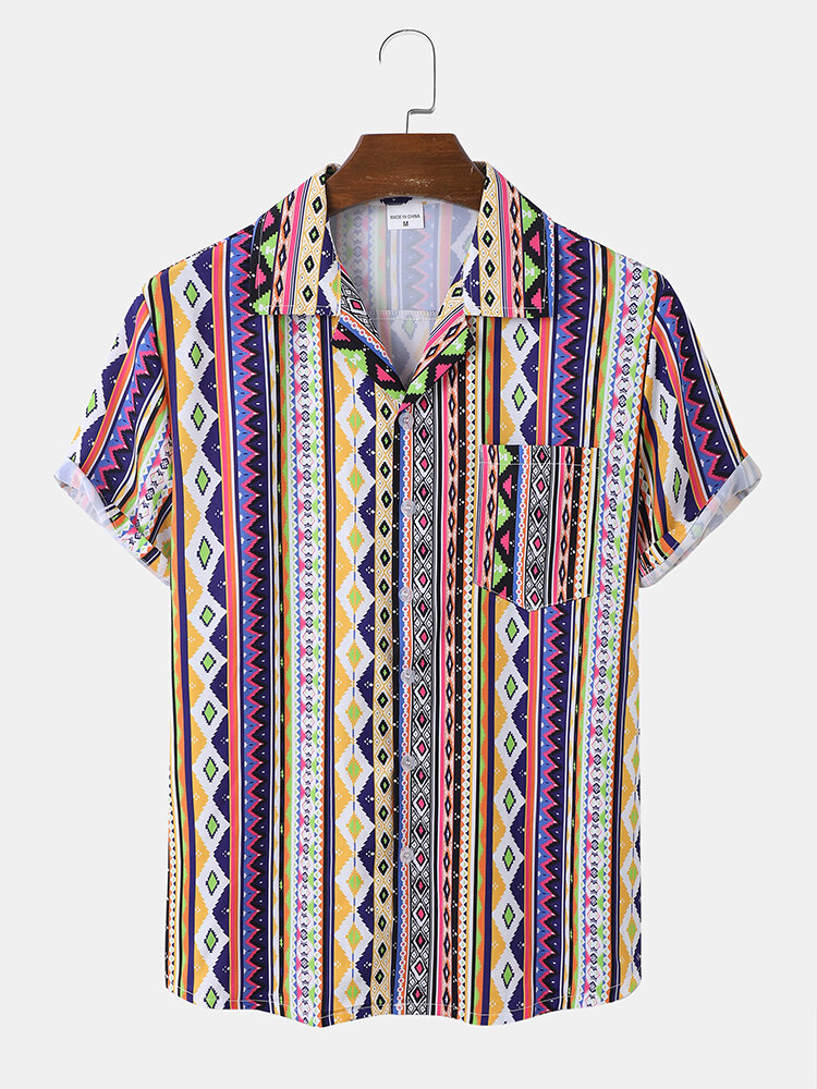 قميص رجالي عرقي مفرد ياقة ريفير عادية بجيب Soft قمصان قابلة للتنفس