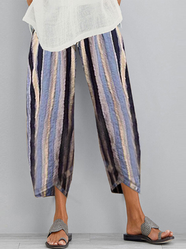Striped Elastic Waist Casual Pants For Women