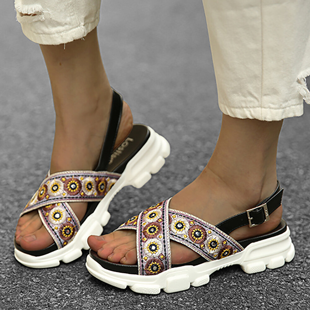 LOSTISY Embroidered Cross Strap Casual Slingback Sport Sandals