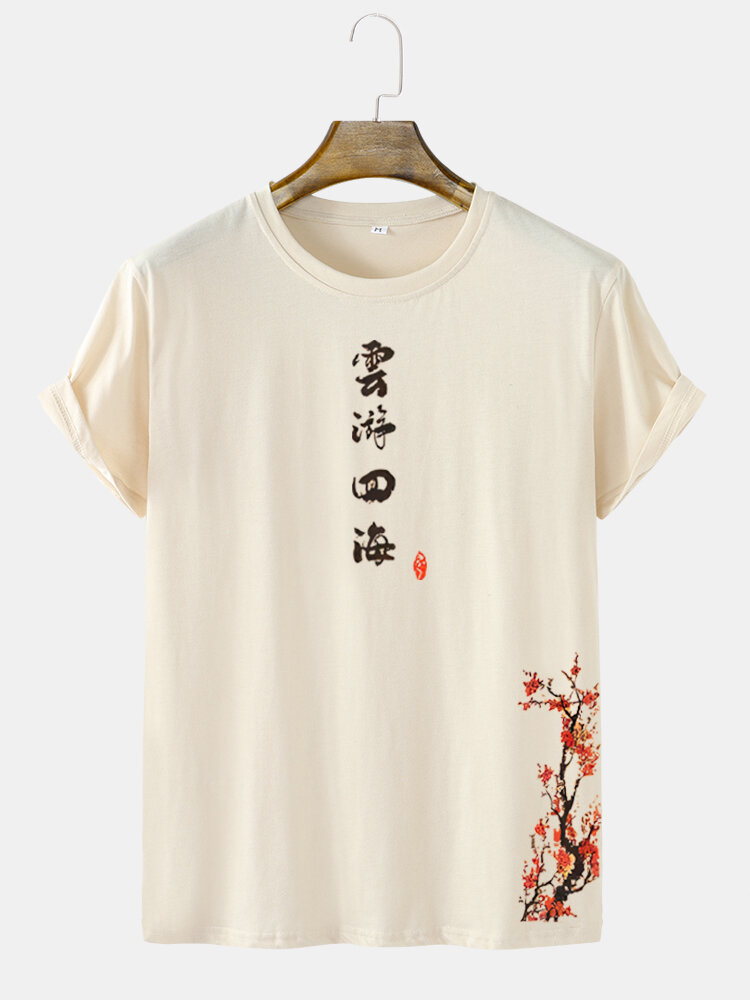 Mens Chinese Character Floral Print Crew Neck Short Sleeve T-Shirts