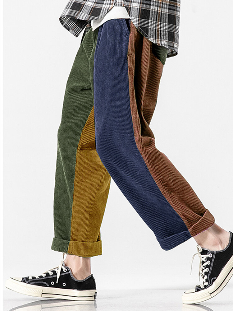 Mens Multi-Color Patchwork Corduroy Zipper Fly Casual Straight Pants