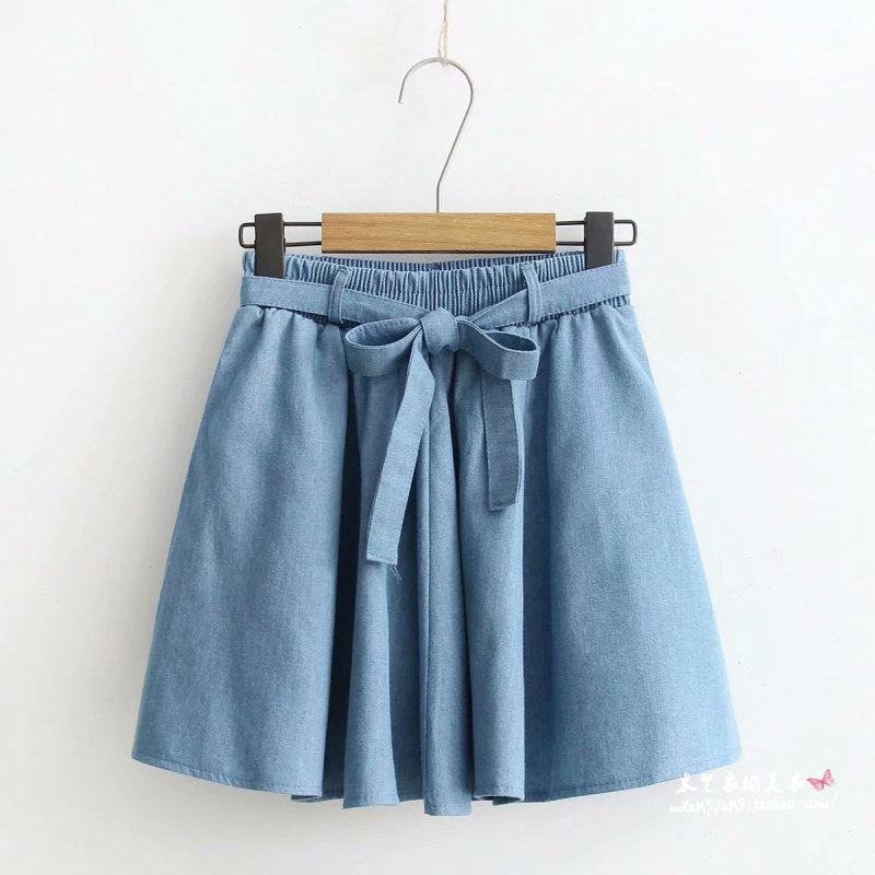 Solid color Elastic Waist   Bowknot  denim skirt