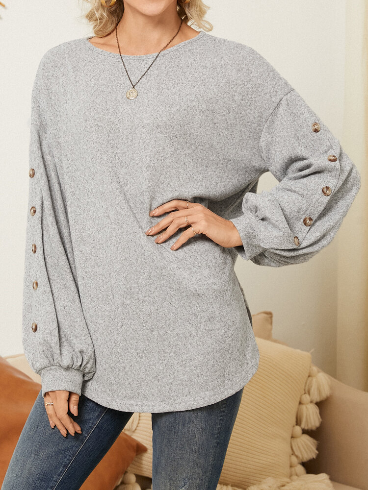 Solid Lantern Long Sleeve Button Crew Neck Casual T-shirt