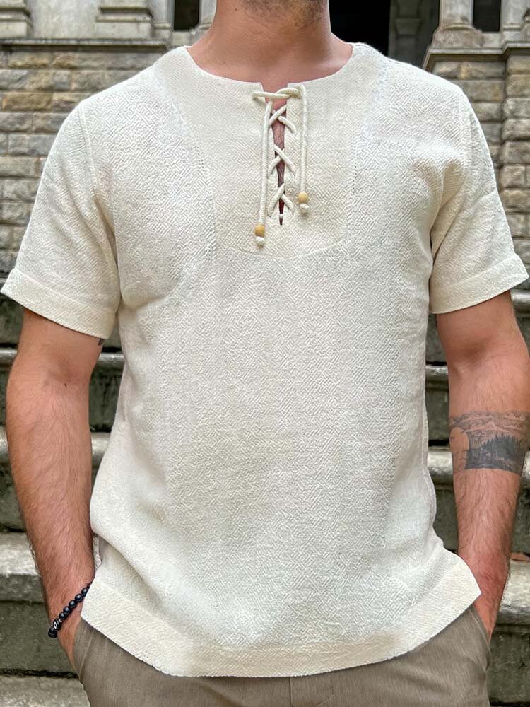 

Mens Solid Texture Lace-Up Neck Casual Short Sleeve T-Shirts, White