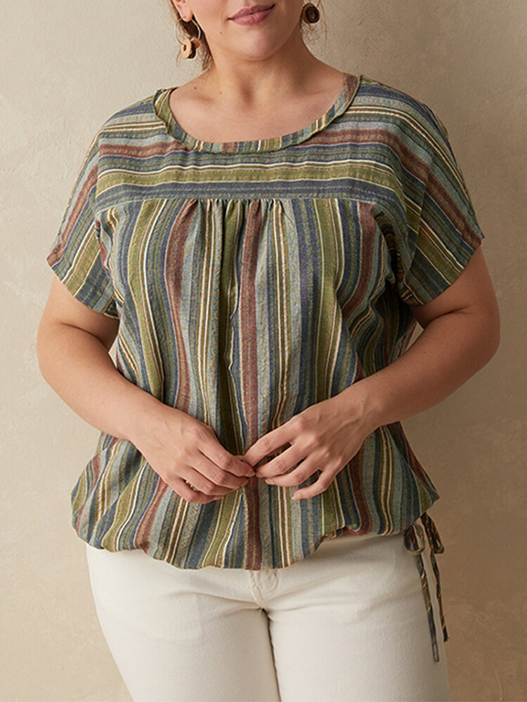 Striped O-neck Short Sleeve Plus Size T-shirt