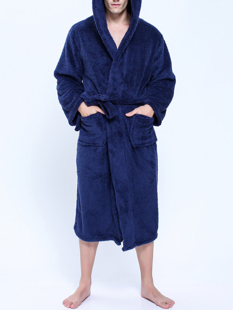 

Men Flannel Fleece Bathrobe Loose Pajamas Hooded Sleepwear Robe with Pockets, Dark gray;navy