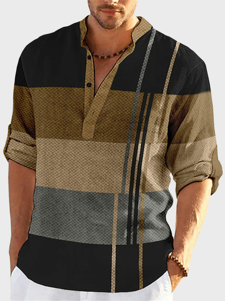 Camisas masculinas listradas coloridas em bloco casual manga comprida Henley