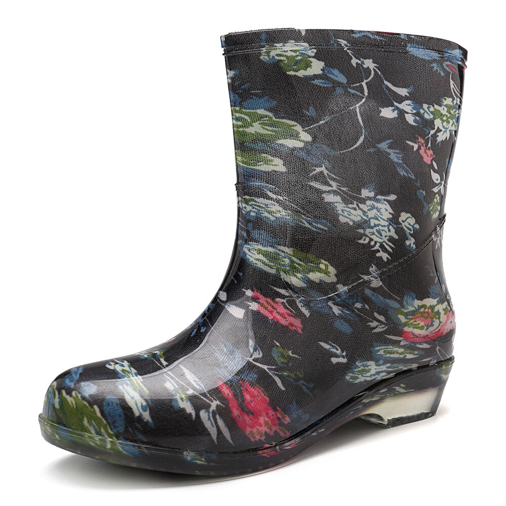 Colorful Dot Flower Waterproof Low Heel Mid Calf Boots