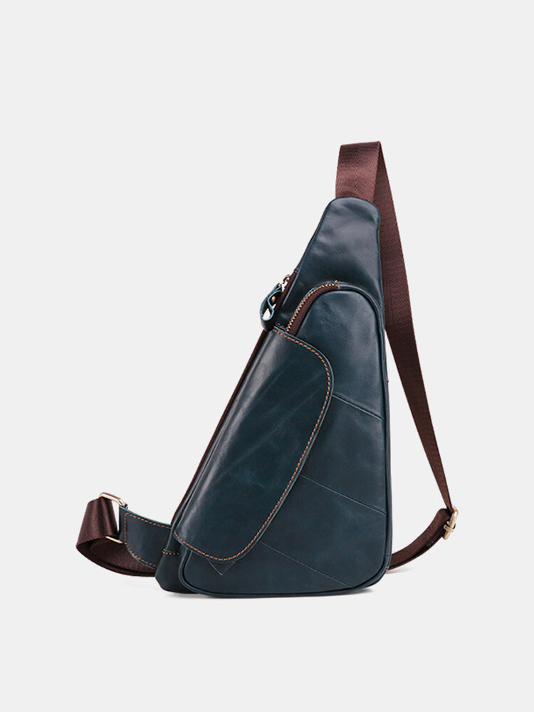 Men Cowhide Genuine Leather Vintage Chest Bag Solid Oil Wax Crossbody Bag