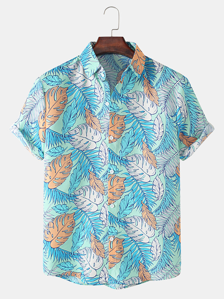 

Mens Tropical Leaf Print Lapel Hawaii Holiday Short Sleeve Shirts, Pink;blue