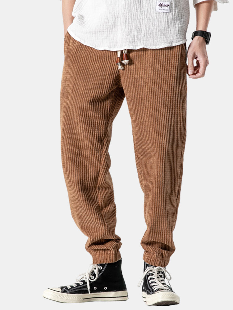 Mens Corduroy Design Cotton Solid Color Drawstring Mid Waist Harem Pants