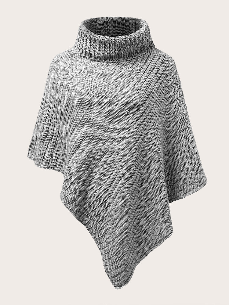 

Plus Size Solid Asymmetrical High Neck Loose Cape Sweater, Khaki;gray