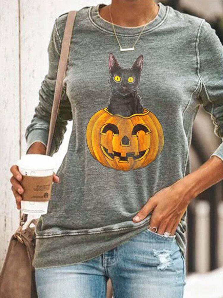 Pumpkin Cat Print Long Sleeve Plus Size Casual Blouse