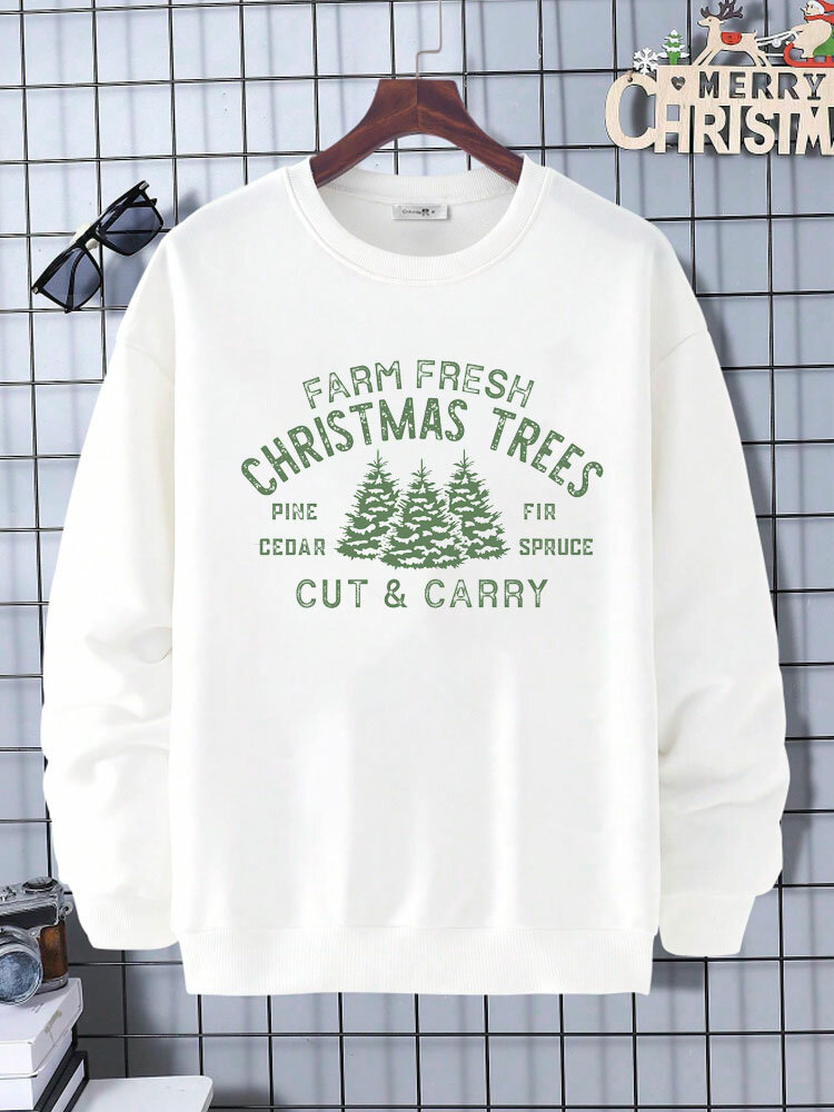 Mens Christmas Tree Letter Print Crew Neck Casual Pullover Sweatshirts Winter