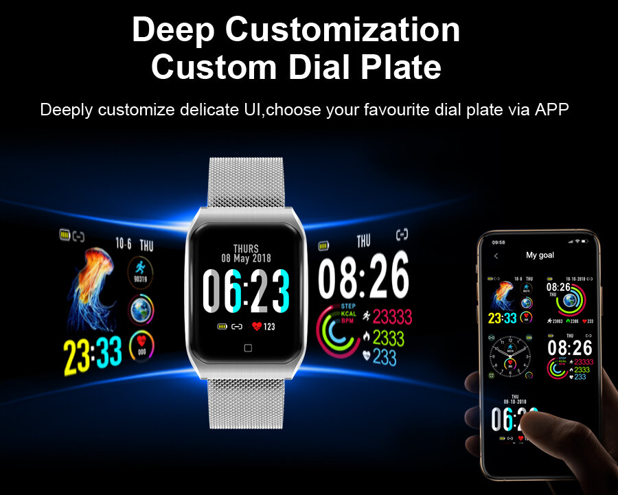 Custom Dial Big Screen Display Smart Watch 24-Hour HR and Blood Pressure Monitor Activity Monitor IP68 Wristband