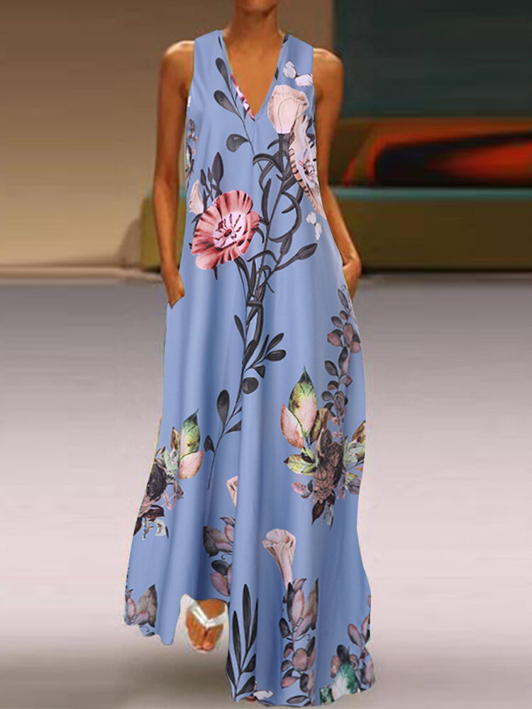 بوهيمية طباعة الأزهار الخامس الرقبة الصيف Plus حجم فستان ماكسي