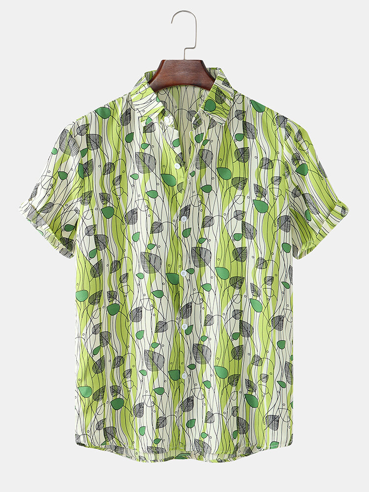 Mens Leaves Lines Graphics Lapel Button Up Short Sleeve Shirt