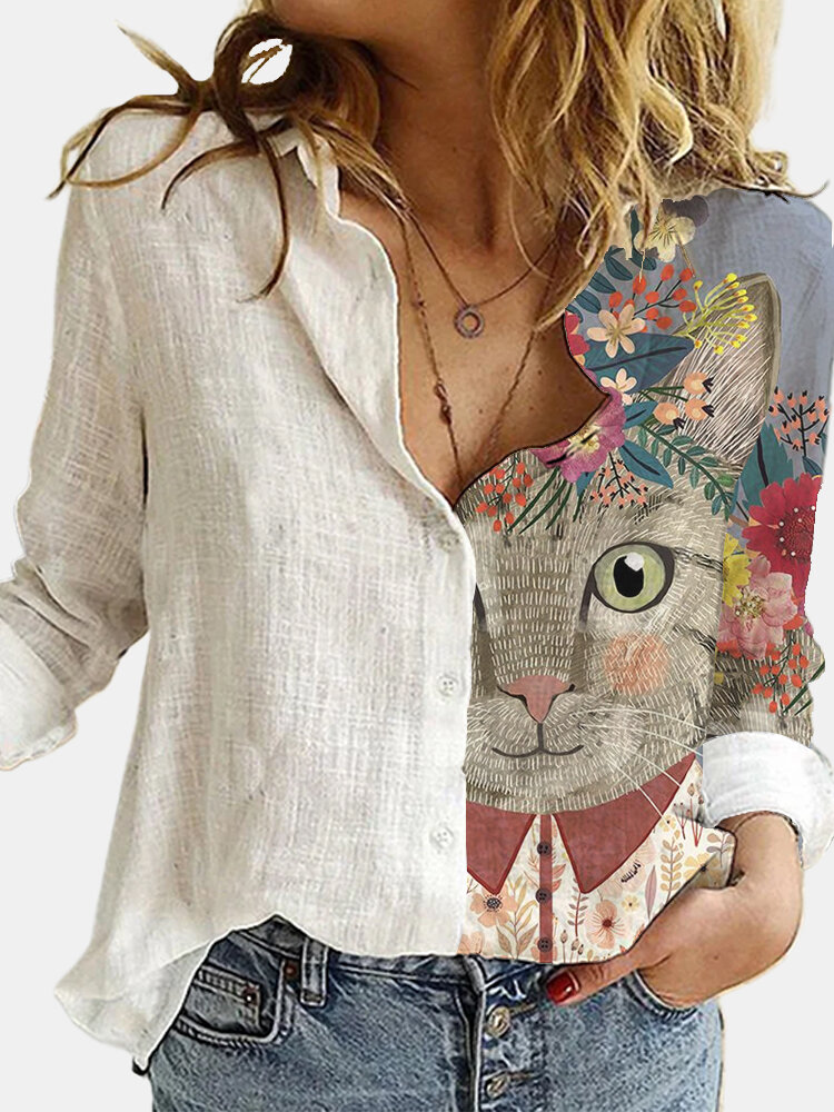 Blusa de manga comprida com botão de gola de lapela com estampa de gato de desenho animado