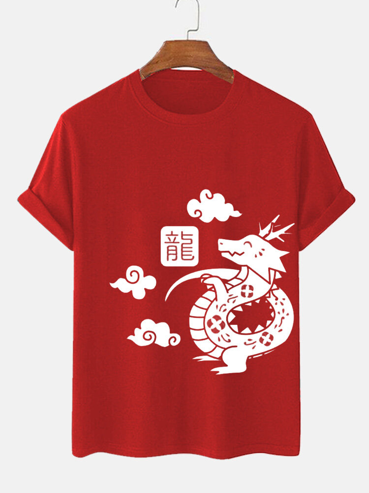 Mens Cartoon Chinese Dragon Print Crew Neck Short Sleeve T-Shirts Winter