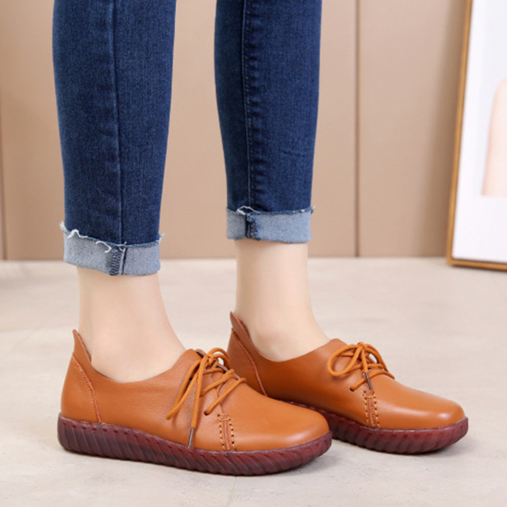 Big Size Women Comfy Soft Genuine Leather Solid Color Lace Up Flat Shoes
