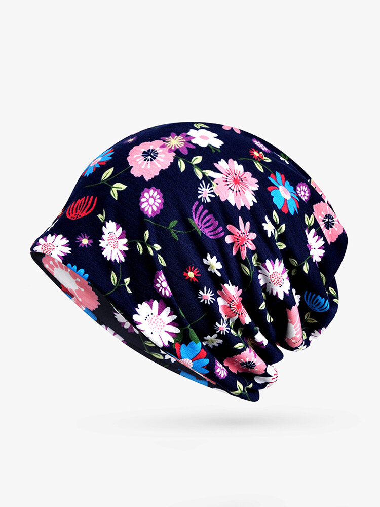 Women Thin Floral Print Cotton Soft Beanie Hat Outdoor Casual Windproof Hat 