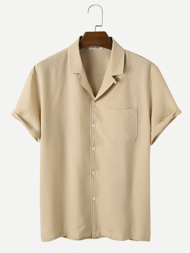 Mens Revere Collar Wrinkle Texture Basics Short Sleeve Shirt