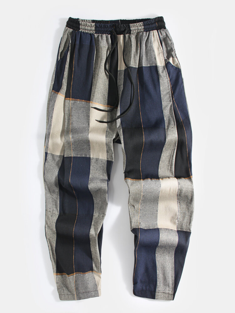 Mens Vintage Plaid Linen Casual Cropped Harem Pants With Pocket