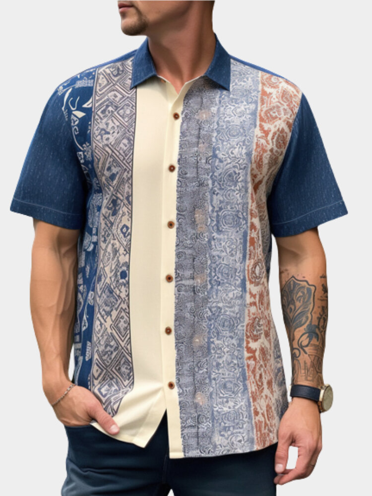 Camisas de manga corta con solapa y patchwork con estampado geométrico vendimia para hombre
