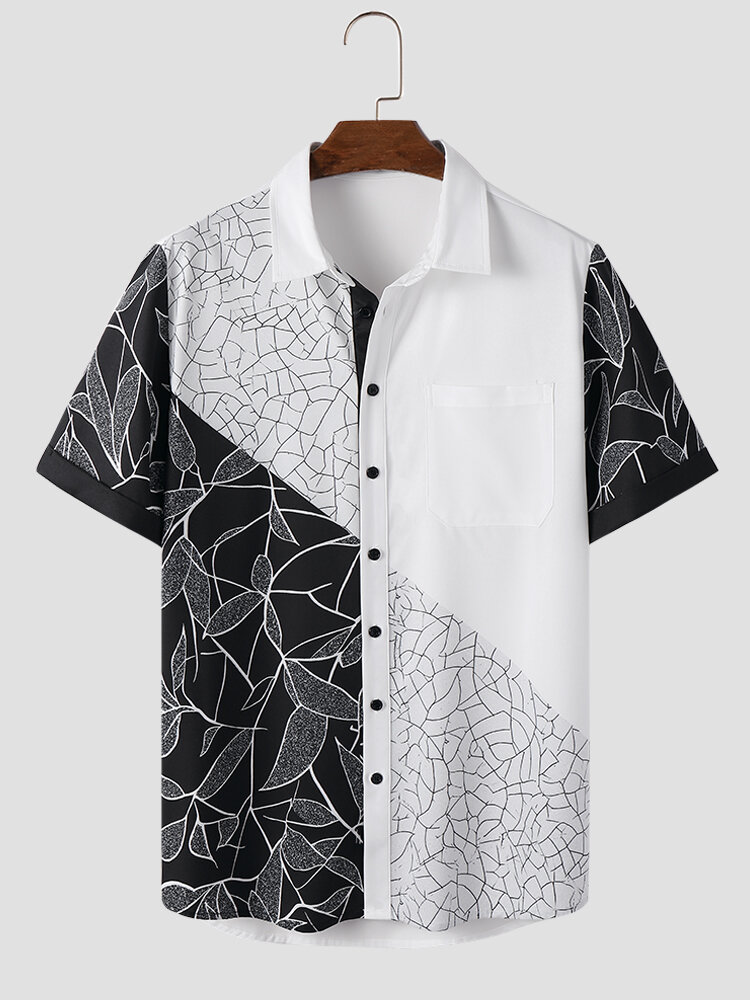 Chemises à manches courtes patchwork à imprimé feuilles pour hommes