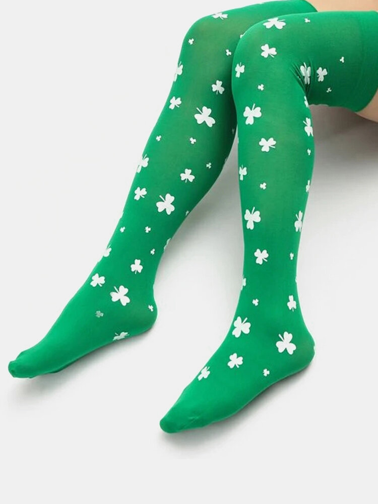 Women Cotton Clovers Pattern St. Patrick's Day Party Outdoor Fashion Stockings Knee Socks