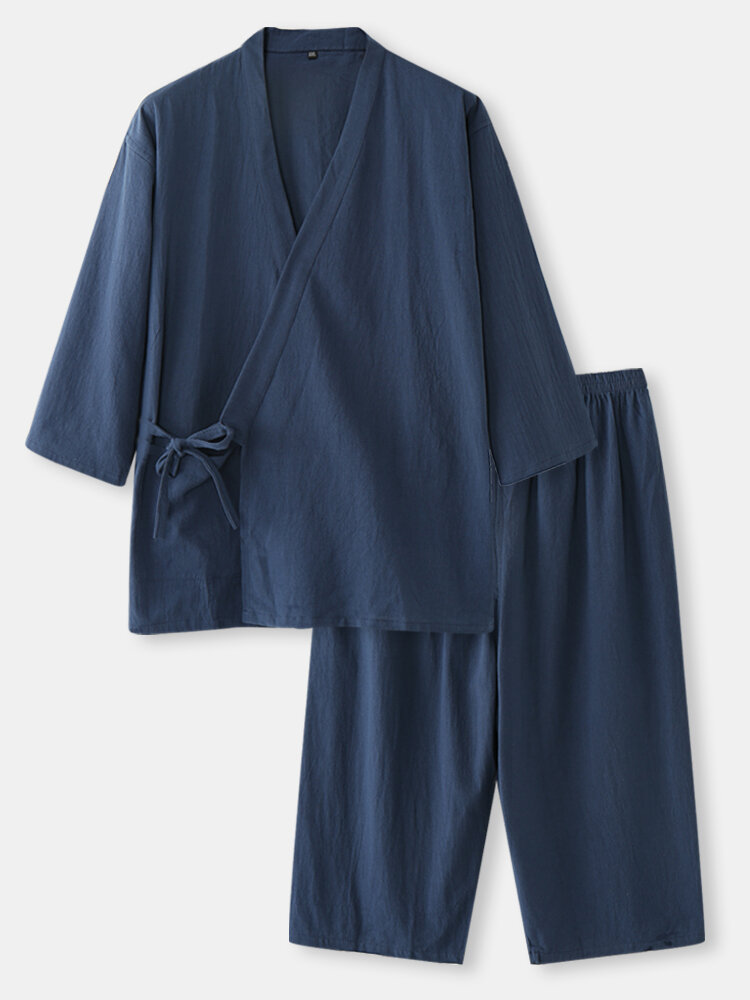 

Mens Plain Solid Color Tie Side Kimono Cotton Home Loungewear Sets, Dark blue