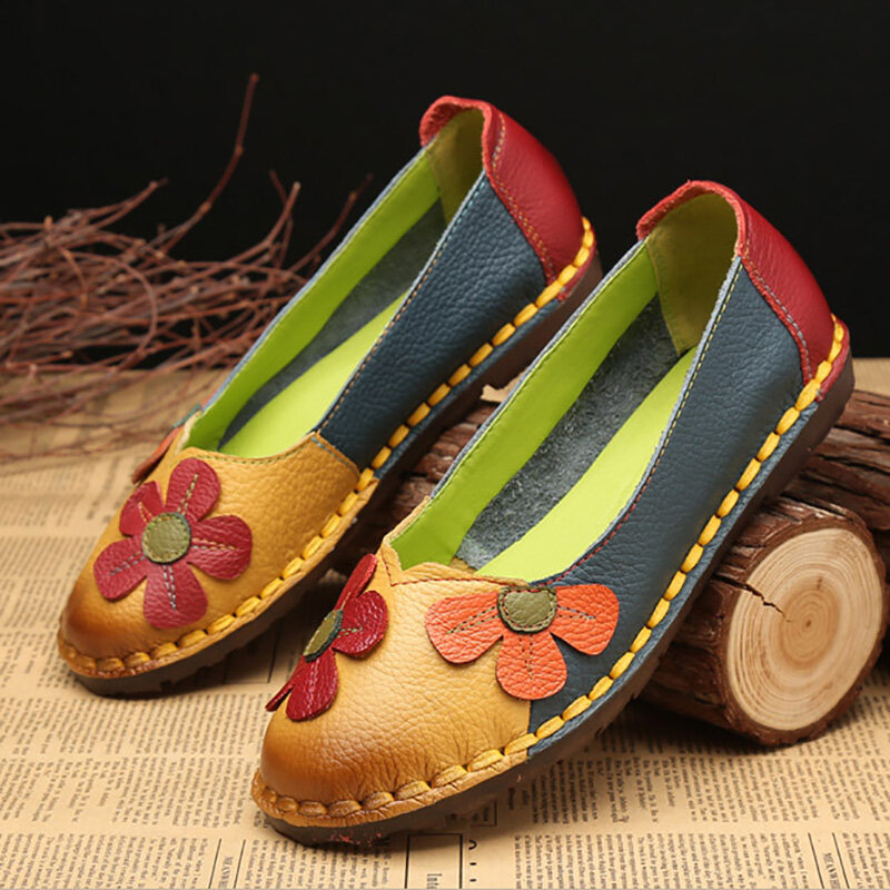 Color Match Vintage Genuine Leather Flats Slip On Round Toe Loafers