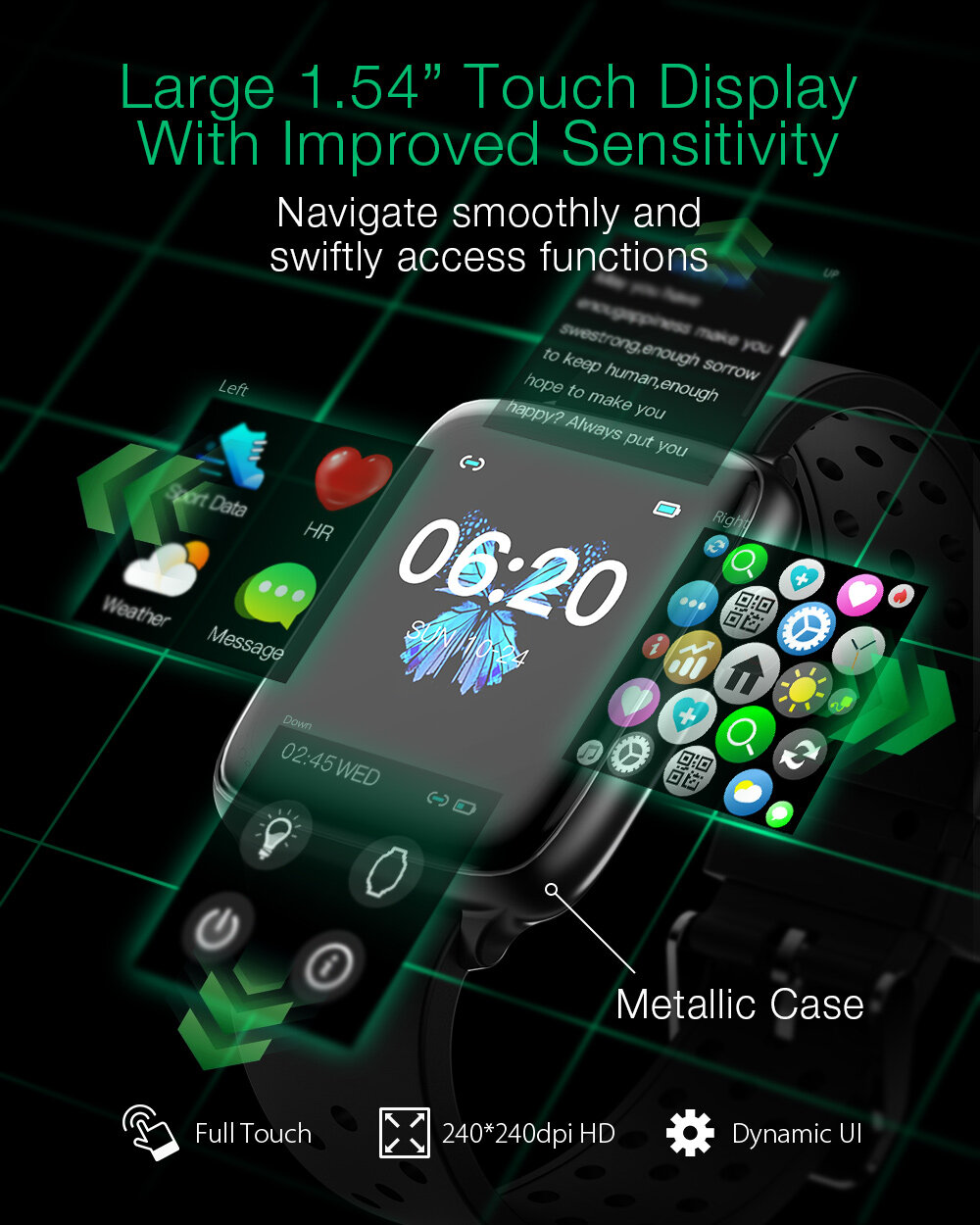 1.54 inch Full-touch Screen 24h Heart Rate Blood Pressure Oxygen Monitor Music Control Smart Watch