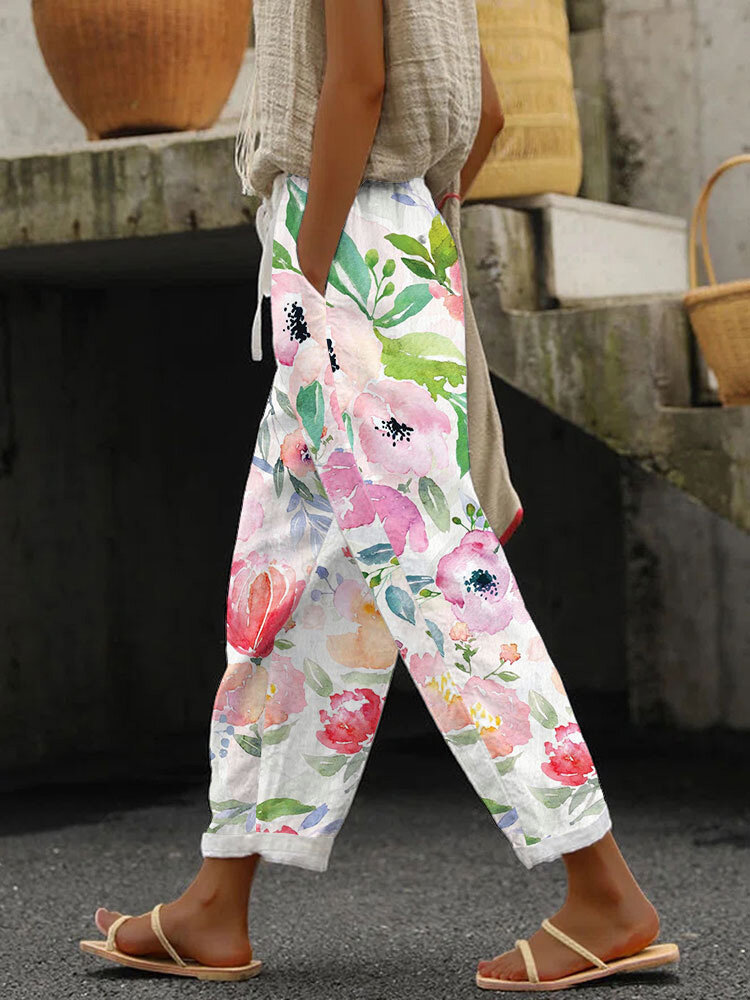

Women Allover Watercolor Floral Print Drawstring Cropped Pants, Pink