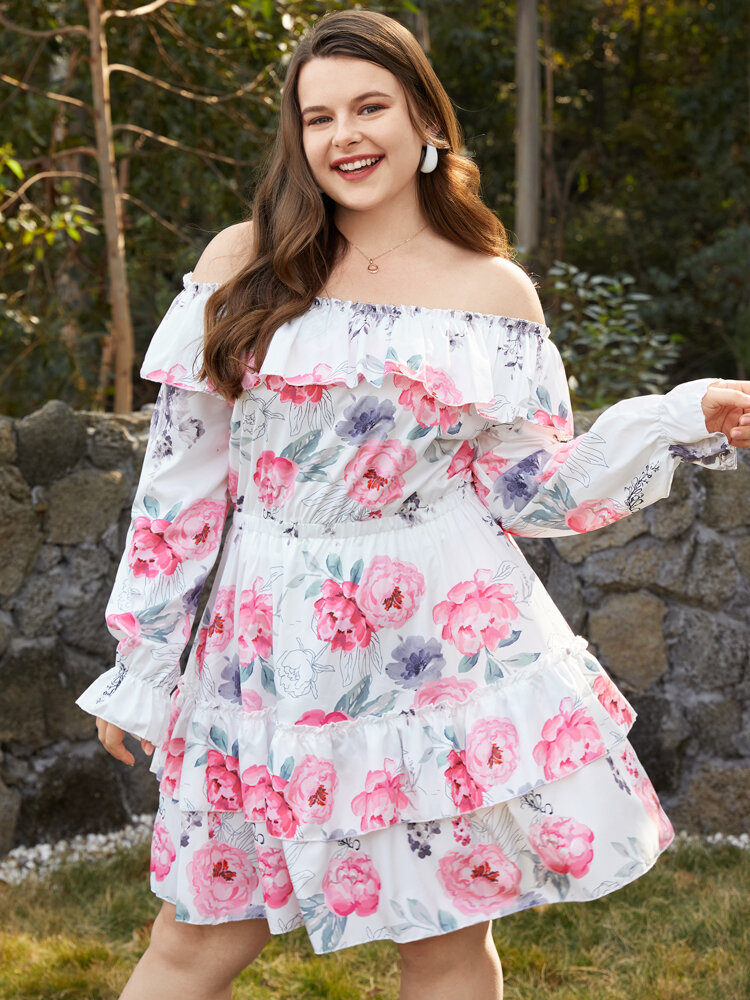 Plus Size Off Shoulder Overly Floral Print Dress