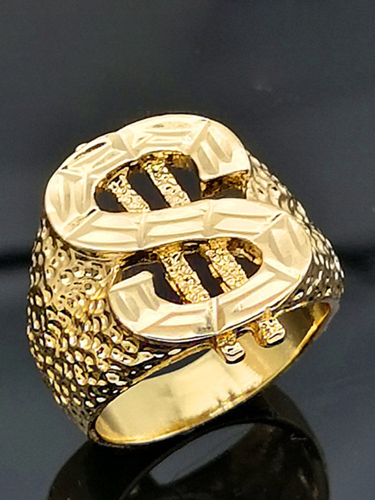 Trendy Stylish Carved Hollow Dollar Sign Geometric-shaped Alloy 18K Gold Plated Ring