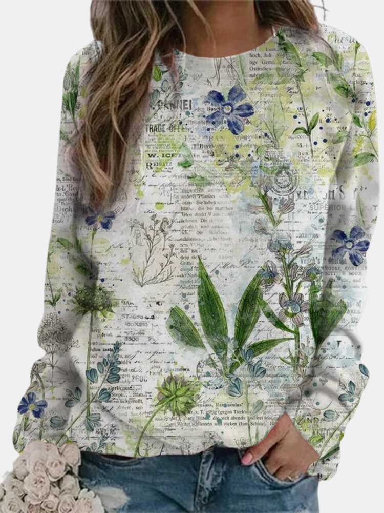 Casual Letter Vegetation Printed O-neck Long Sleeve T-shirt