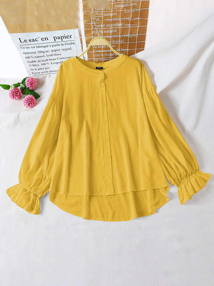 Solid Loose Button Long Sleeve Stand Collar Blouse