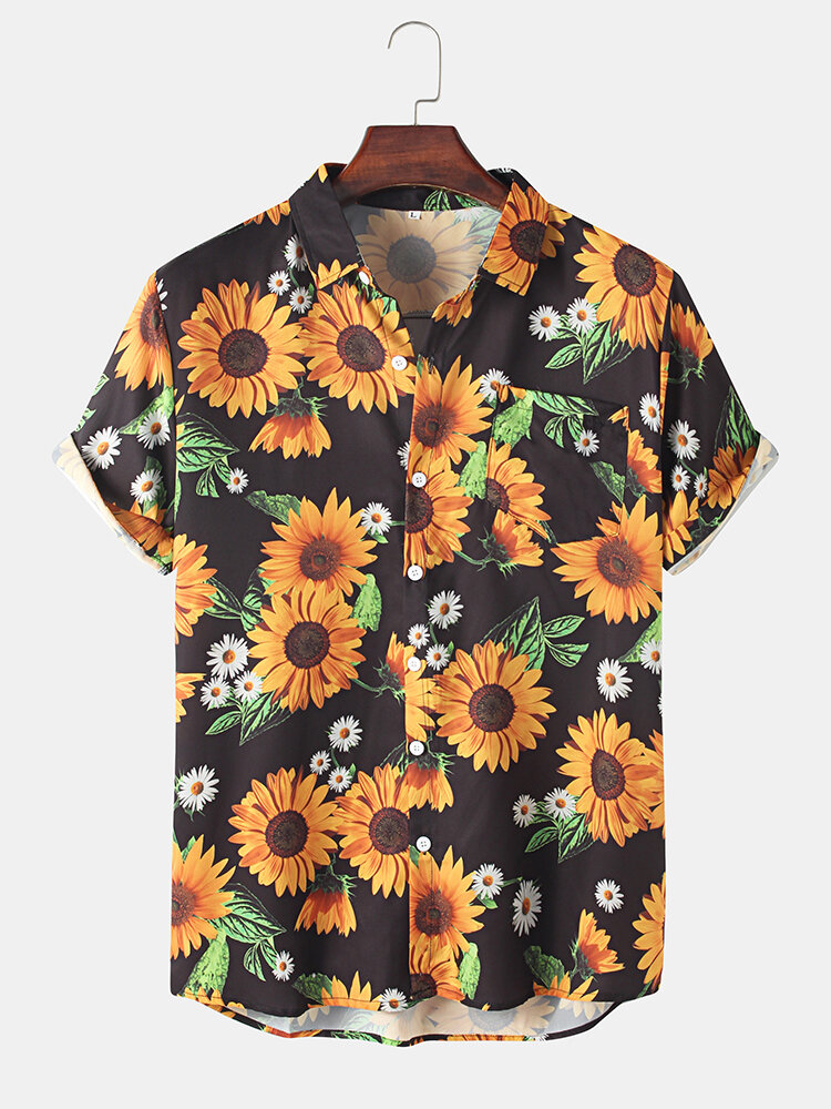 Mens All Over Sunflower Print Short Sleeve Lapel Shirt