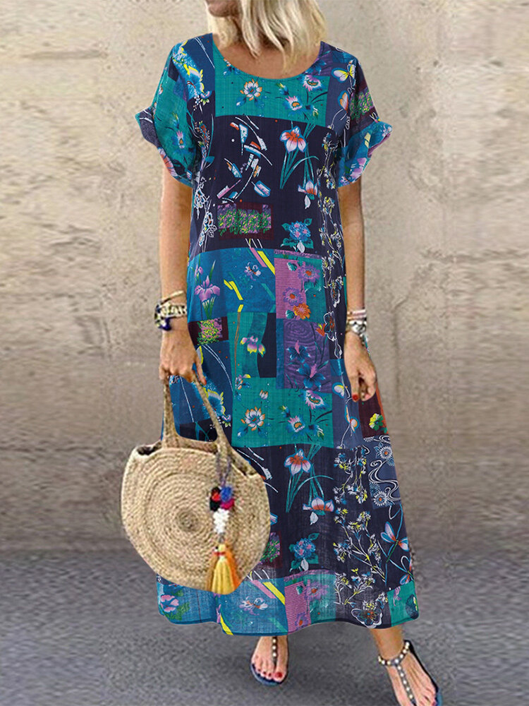 فستان صيفي بأكمام قصيرة بطبعة بوهيمية مقاس Plus