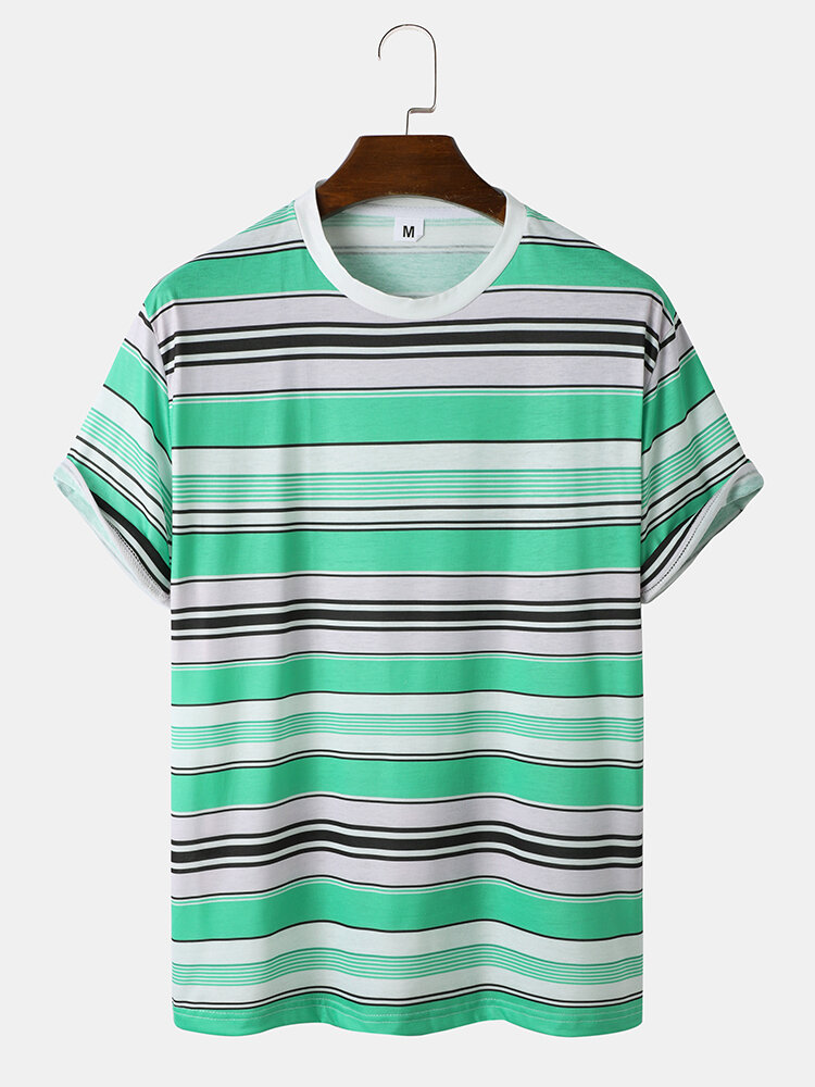 Mens Combined Multi-Striped Crew Neck Preppy Short Sleeve T-Shirts