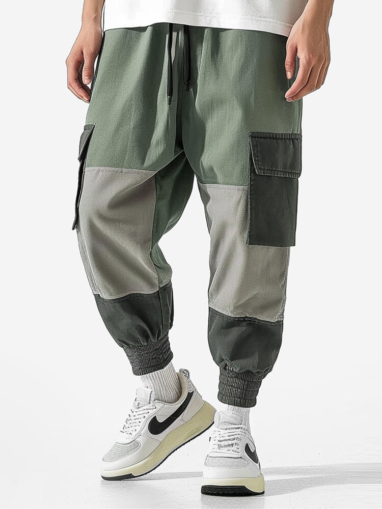 

Mens Color Block Patchwork Flap Pocket Drawstring Waist Cargo Pants, Army green