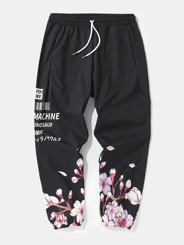 Mens Cherry Blossoms & Character Print Black Jogger Pants