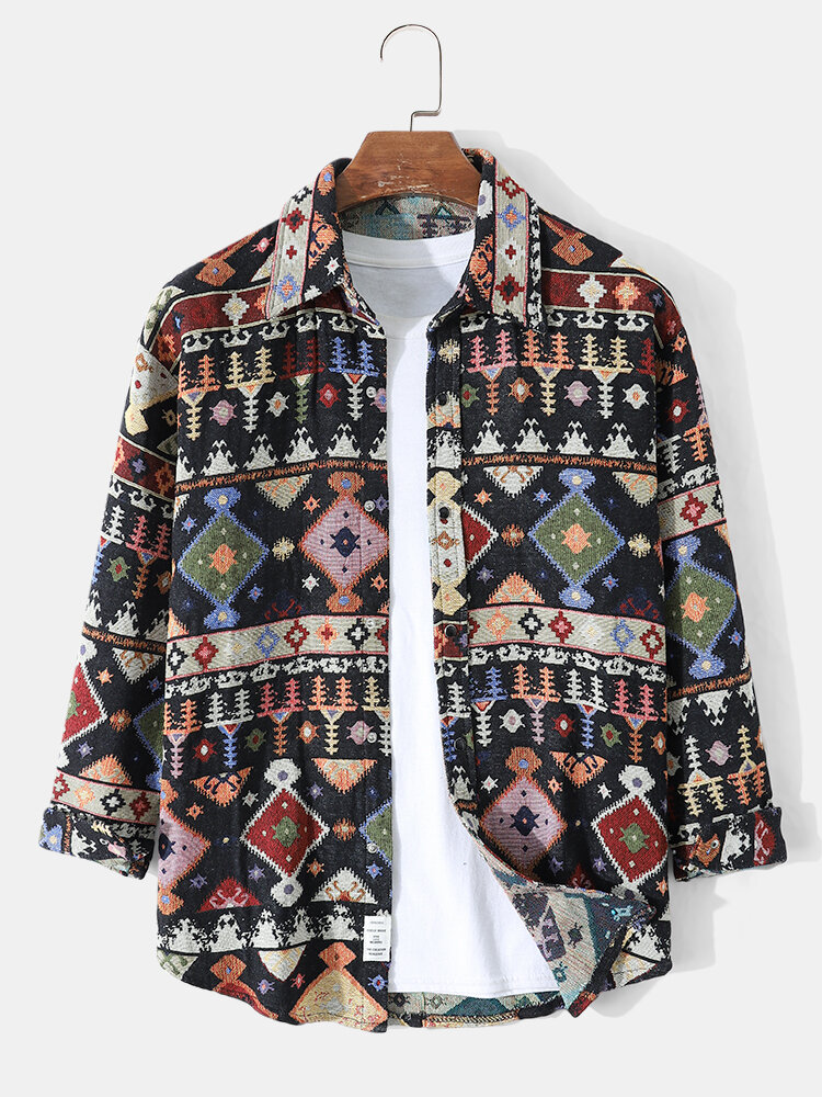 Mens Vintage Ethnic Tribal Pattern Button Cotton Casual Long Sleeve Shirts