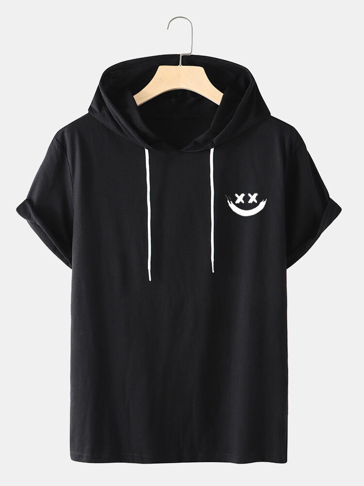 Mens Smile Face Printed Casual Short Sleeve Hooded T-Shirts
