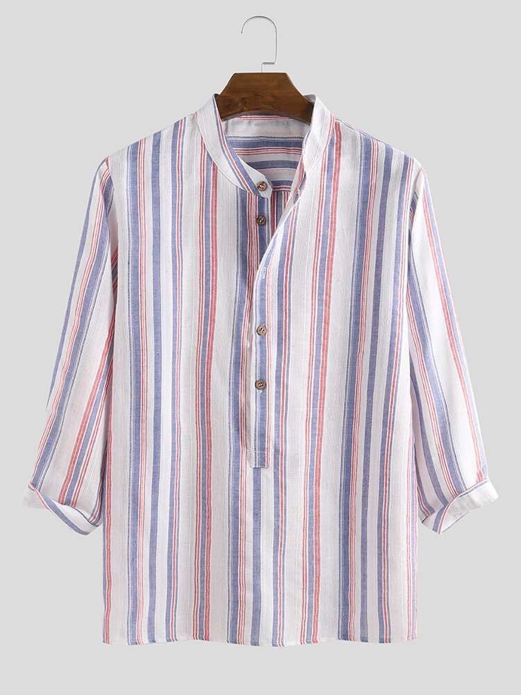 Mens 100% Cotton Stripe Three-quarter Sleeve Henley Shirts