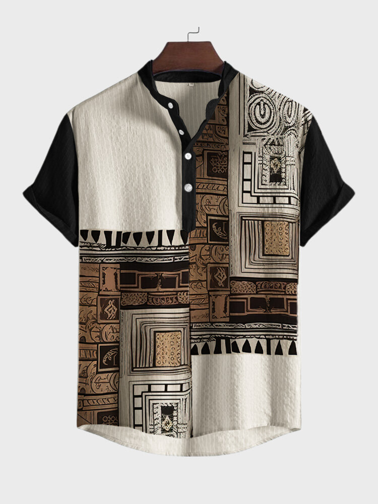 Camisas masculinas étnicas vintage com estampa geométrica patchwork manga curta Henley
