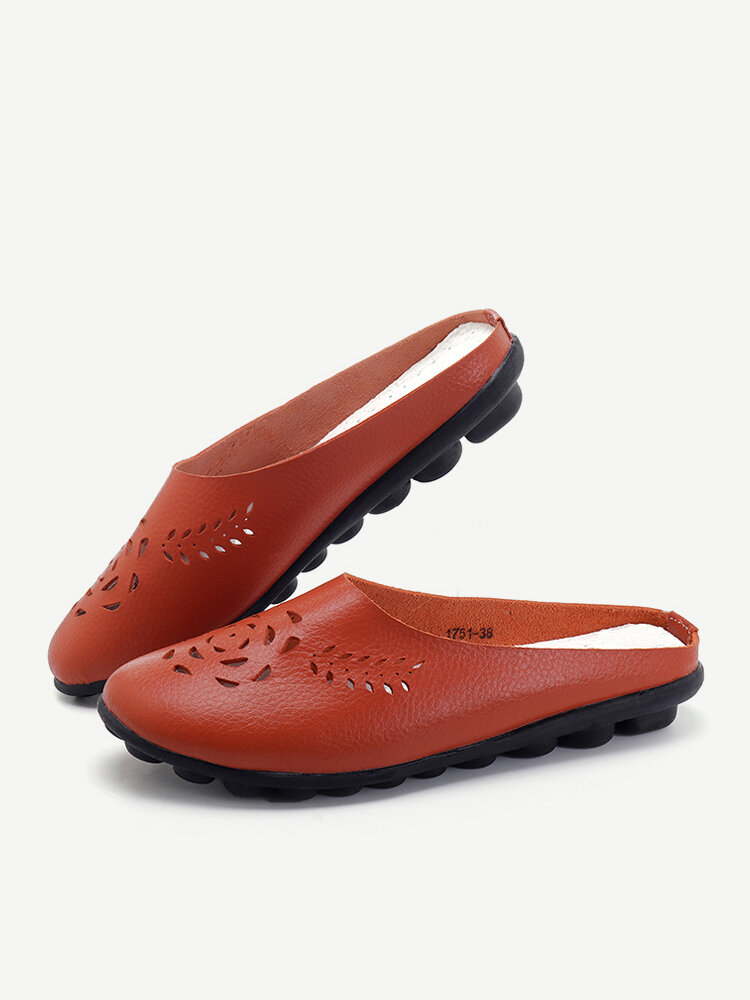 Women Hollow Backless Leather Comfortable Soft Flat Casual Shoes