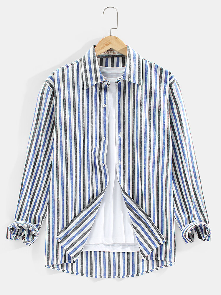 Mens Vertical Stripe Print Brief Style Casual Lapel Long Sleeve Shirt