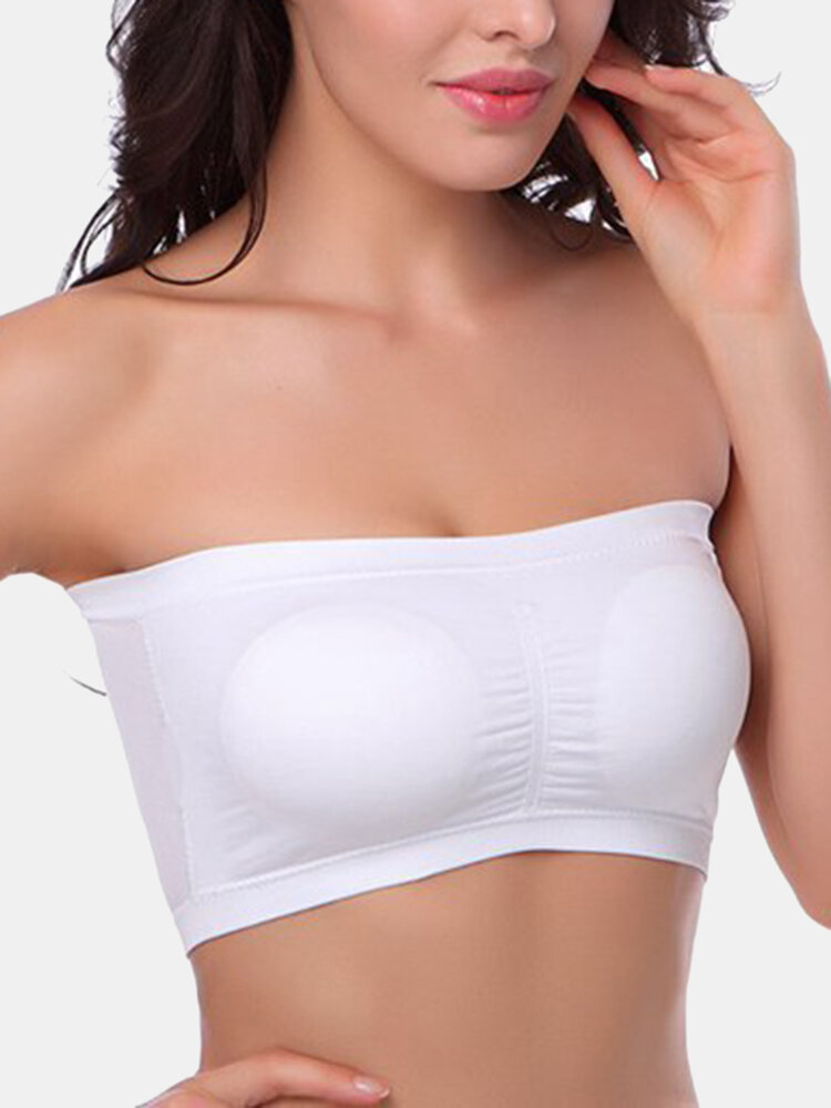 

Women Solid Color Seamless Wireless Removable Chest Pad Bandeau Bra, White;nude;sky blue;light grey;pink;black